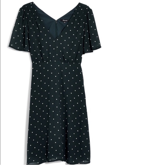 Madewell green and white dot smocked shoulder v neck dress smoky spruce, size 0 - Picture 4 of 10